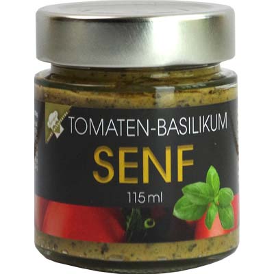 Senf Tomate-Basilikum-Senf  Senf m.frischem Basilikum   Vegan  hausgemacht BARRIQUE-Feine Manufaktur Niedersachsen Deutschland 115mlGlas