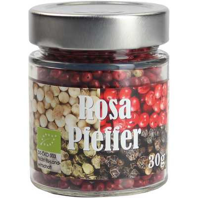 Pfeffer, rosa, ganz  Rosa Schinusbeeren  Bio Vegan  BARRIQUE-Feine Manufaktur  Deutschland 30g-Glas